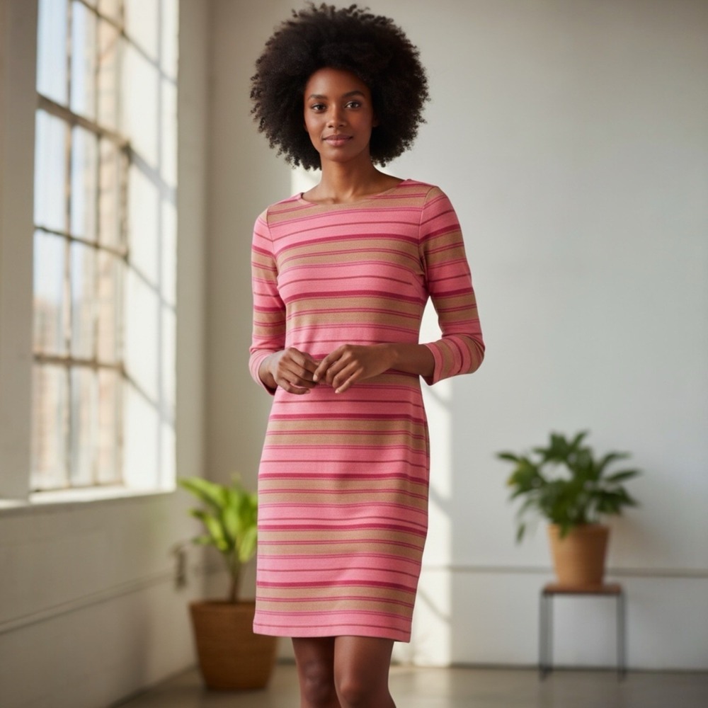 Banana Republic Knit‎ Shift Dress 14 Tall Pink Gold Striped Party Colorful
